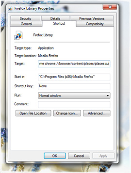 Firefox Library shortcut properties