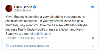 Ellen Barkin: “Kevin Spacey is sending a very disturbing message as he chastises his audience”
