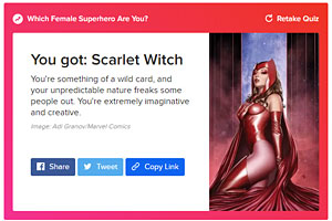 Which female superhero are you? You got: Scarlet Witch