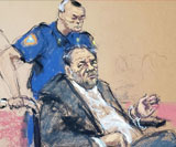 A court sketch of Harvey Weinstein being pushed in a wheelchair at his sentencing, image: via Sky News article