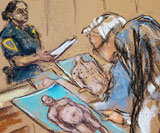 A court sketch of the Jury studying images of Weinstein’s naked body, image &copy; Reuters via Daily Mail article
