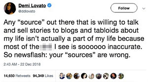 Demi Lovato: “So newsflash: your ‘sources’ are wrong”